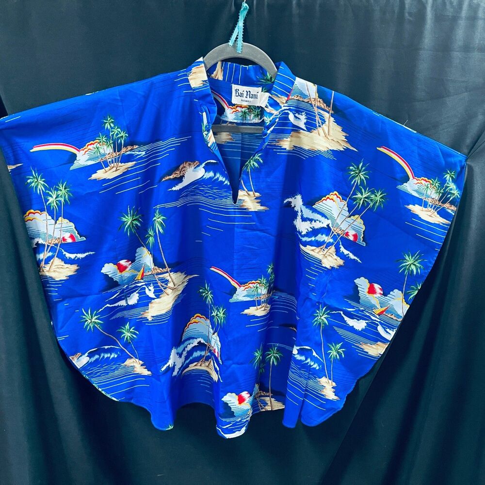 Kai Nani Bat Sleeve Womens Hawaiian Shirt Blue Ocean Palm Trees No Size Tag